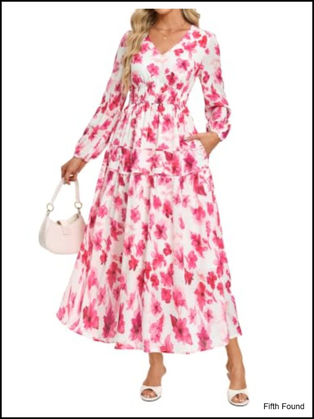 Womens Long Sleeve Floral Maxi Dress A-Line V-Neck Chiffon Semi-Formal